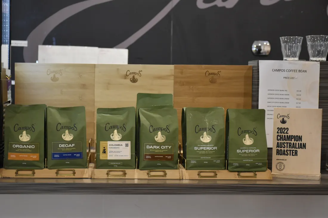 Bags of Campos coffee beans for sale
