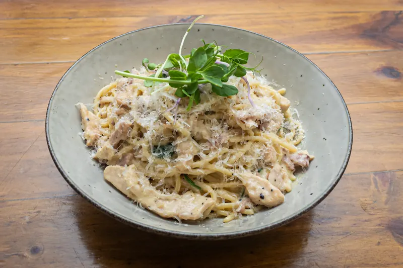 Carbonara spaghetti with micro herbs